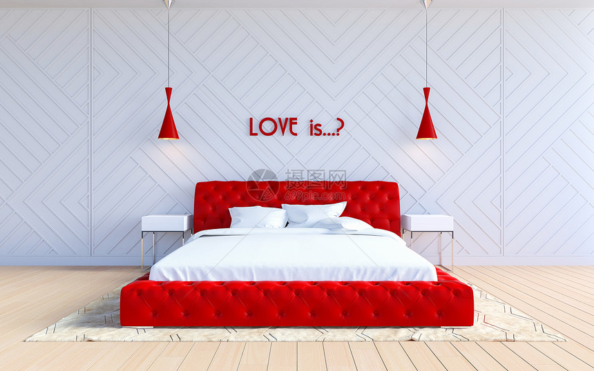 现代卧室内饰以情人节主题颜色显示墙上有文字3D显示图片
