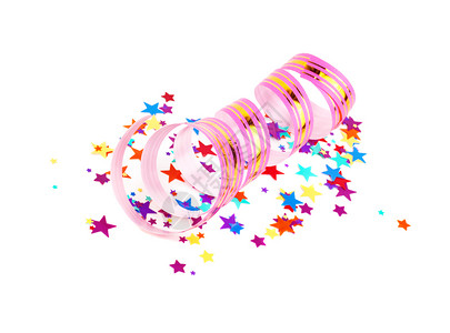 以恒星和粉色丝带形状的多彩色面条形金纹以白背景上孤立的螺旋形缠绕图片