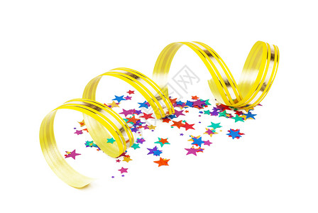 以恒星和黄丝带形状的多彩蛋白和黄丝带形状的金色彩条形以白色背景上孤立的螺旋形缠绕在一起背景图片