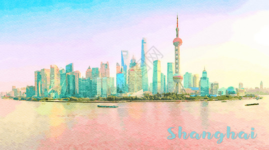 日落时长海市上天线方的宽屏幕全景彩色画日落时上海市天线水彩色画背景图片