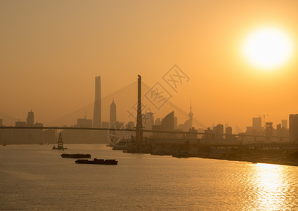 洋浦2018年黄浦河日落时向阳浦桥靠岸背景