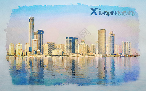 具有海洋反射镜像的Xiamen城市天空线宽屏全景的彩色画图片