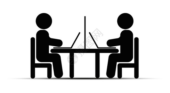 两人手持笔记本电脑坐在桌子上简单画背景图片