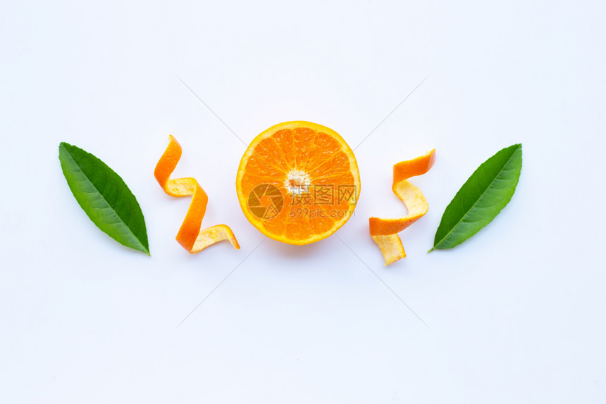 高维生素c新鲜橙色柑橘水果白底绿叶图片