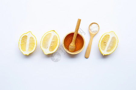 白底的蜂蜜柠檬和盐图片