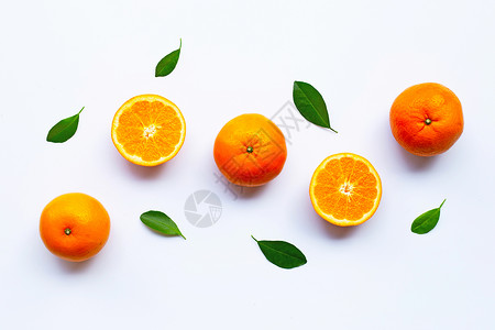 白色背景有叶子的新鲜柑橘水果图片