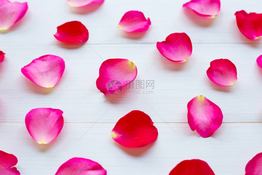 白木背景上的玫瑰花瓣图片