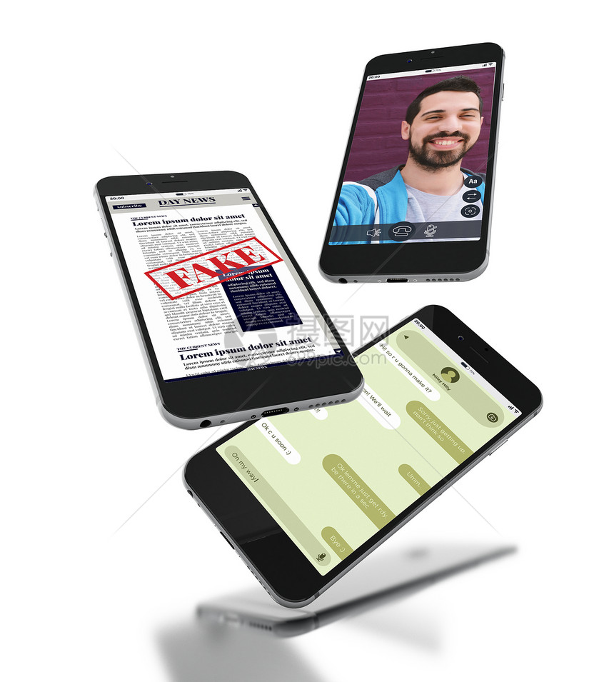3d插图具有不同移动应用程序屏幕的智能手机包括数字假新闻社交媒体和视频聊天孤立的白色背景图片