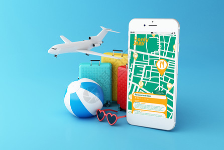 手机导航应用程序和行李箱的3d图图片