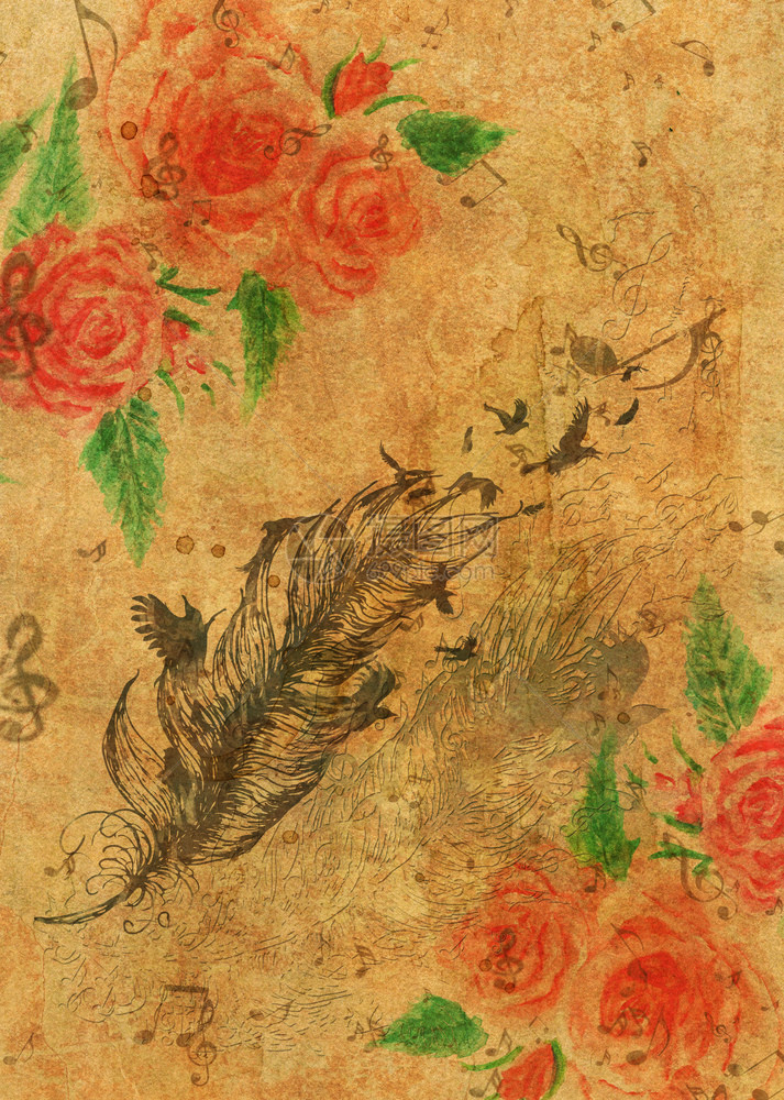 上面有水彩玫瑰和羽毛鸟儿的黄纸纹身图片