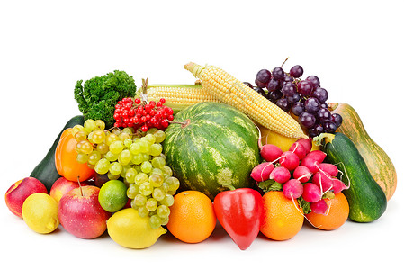 白背景的水果和蔬菜健康食品大照图片