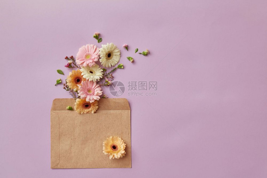 挂着一束精细的糊花朵消失在粉红色背景上在文字下的地方平躺着美丽的花朵面糊颜色被插入信封中用粉红背景寄送停止运动画图片
