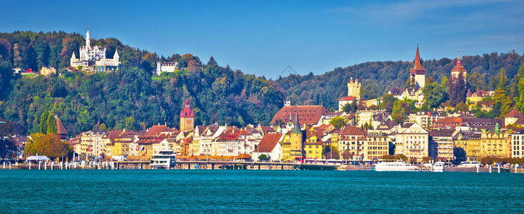 水面和著名里程碑风景美丽的瑞士风景高清图片