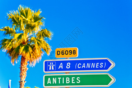 comtedazur道路标志到抗菌和峡谷棕榈蓝天空背景法国里维埃拉图片