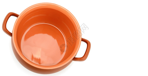 陶瓷容器白色背景上孤立的粘土锅平躺顶部视图宽度照片背景