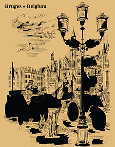 北上广城市中世纪城市野兽马匹车和灯笼在野兽的市场广上地标角插画