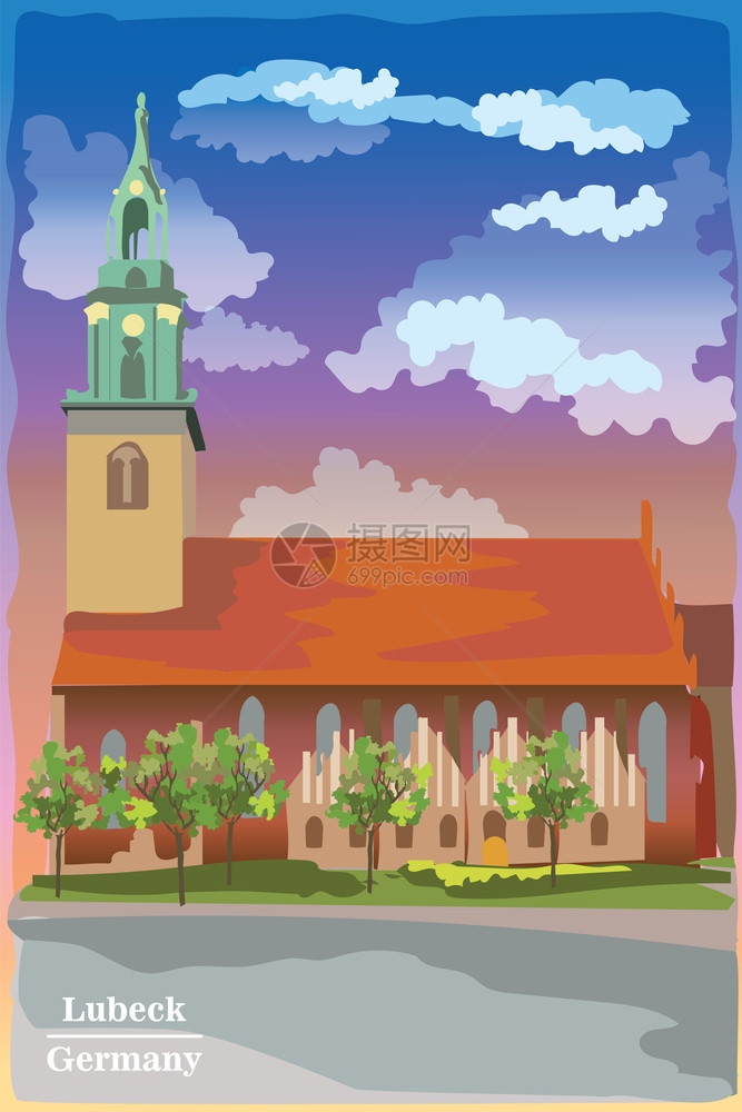berlin的圣玛丽教堂风景外观位于德国的lubeckrlin的地标多彩矢量图解图片