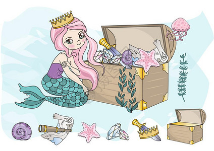 海清女王海底美人鱼与宝藏矢量插图插画