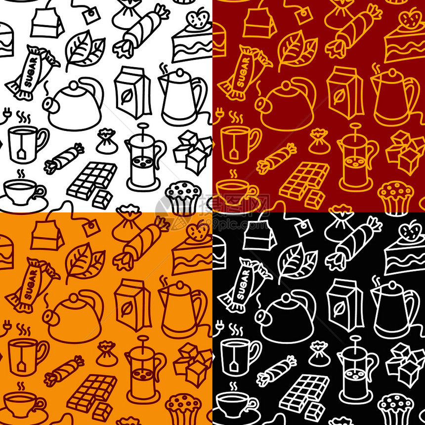 不同甜点和茶叶无缝模式的插图包括4个手表模式茶叶无缝模式图片
