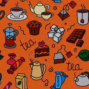 不同甜点和茶叶无缝模式的插图图片