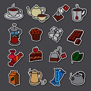 茶叶详情图甜点和茶叶贴纸及徽章插图插画
