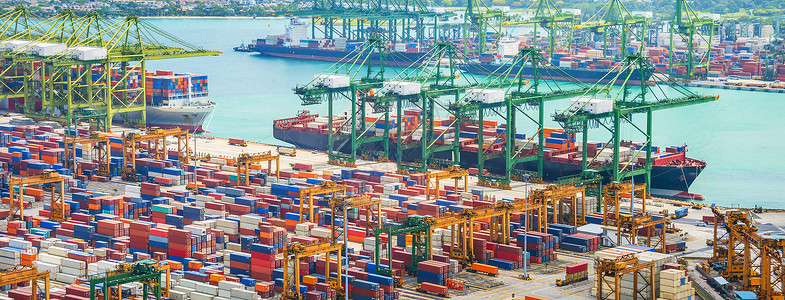 装有起重机和货物集装箱背景为海礁的码头在幼阿波罗工业港口的货轮空中航全景背景图片