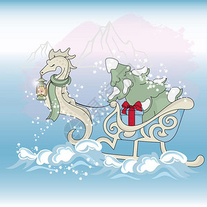 圣诞海马冬季卡通漫画矢量插图集图片