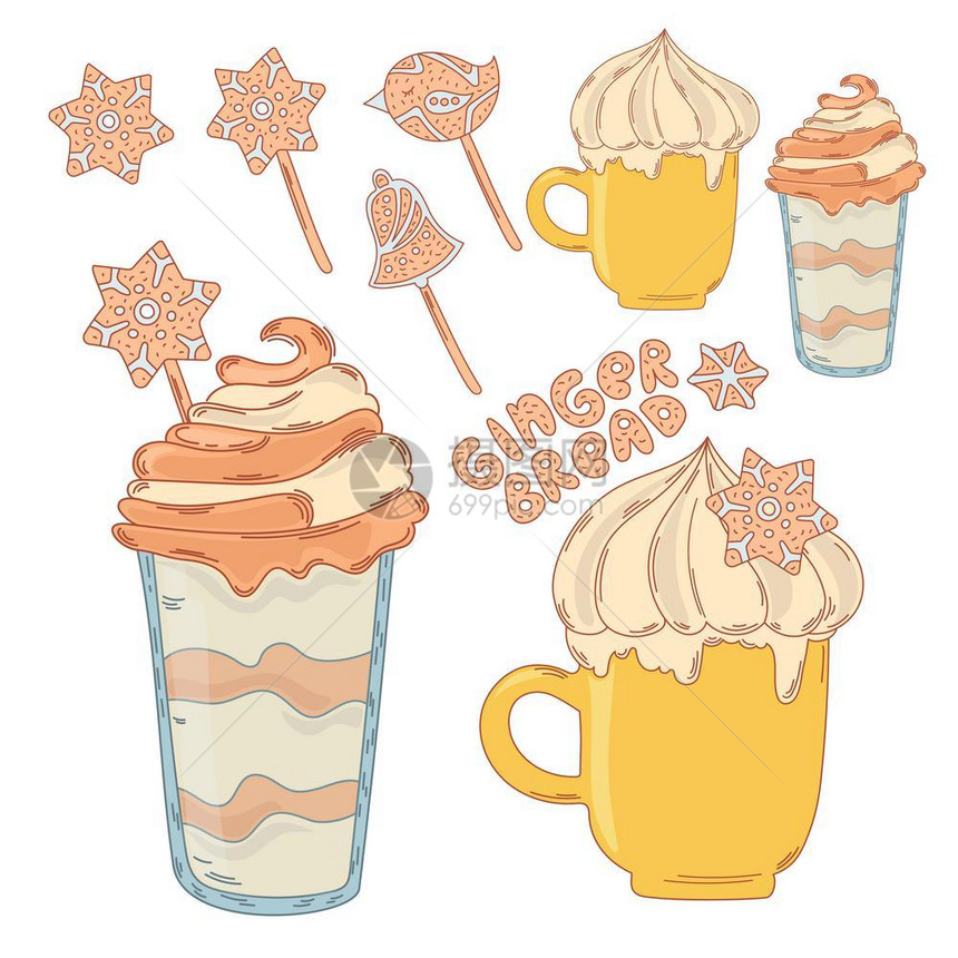 姜饼鸡尾甜点卡通矢量插图集图片
