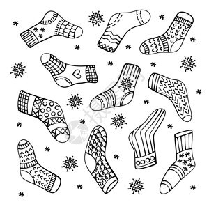 袜子设计手工画袜子新年卡通漫画矢量插图集插画