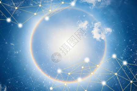 美丽的太阳光环现象上面有线条和无连接图标全球网络连接背景概念图片