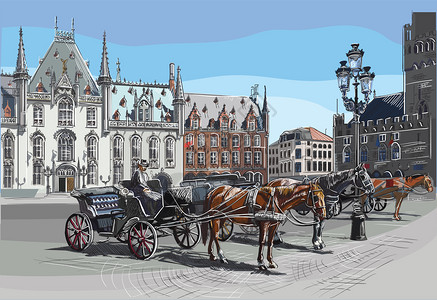 塞拉马特中世纪城市野兽马匹车和灯具在市场广的野兽色彩多的矢量雕刻图示插画