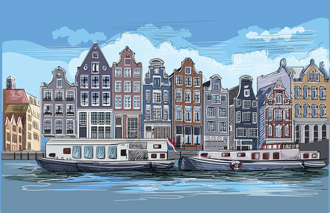 城市的景象是河岸上房屋阿姆斯特丹运河内地的标彩色矢量雕刻图插画