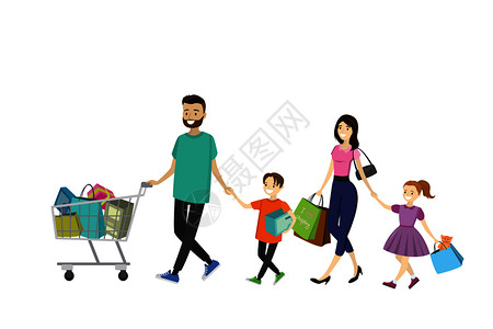 商店大折扣公寓设计卡通矢量插图带购物袋的幸福家庭图片