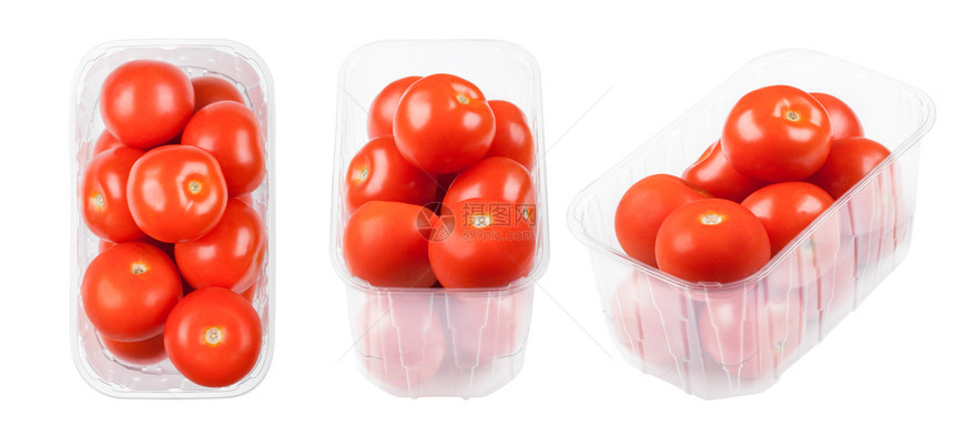 白色上含有新鲜机生西红柿的塑料托盘图片