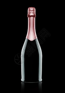 粉红玫瑰香槟瓶黑色背景反光图片