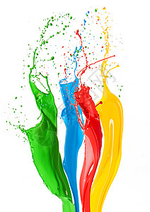 彩色的液体涂料在白色背景上喷洒不同颜色图片