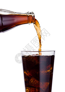 将可乐苏打饮料从瓶装倒到玻璃白底带冰块图片