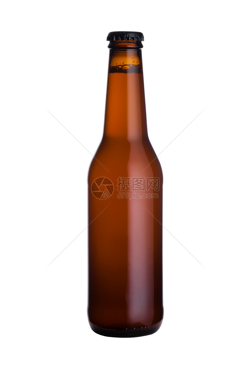 白色背景隔离的黑帽子褐玻璃啤酒瓶图片