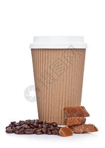 卡布奇诺咖啡纸杯配有豆子和白色焦糖图片