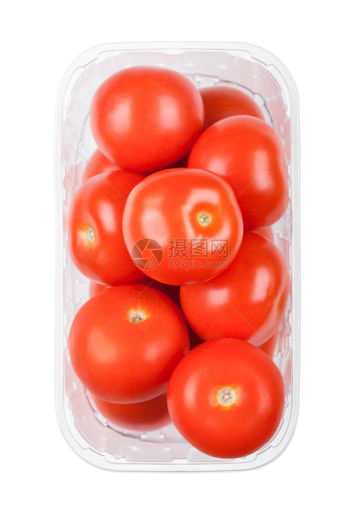 白色上含有新鲜机生西红柿的塑料托盘图片