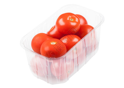 番茄藤白色上含有新鲜机生西红柿的塑料托盘背景