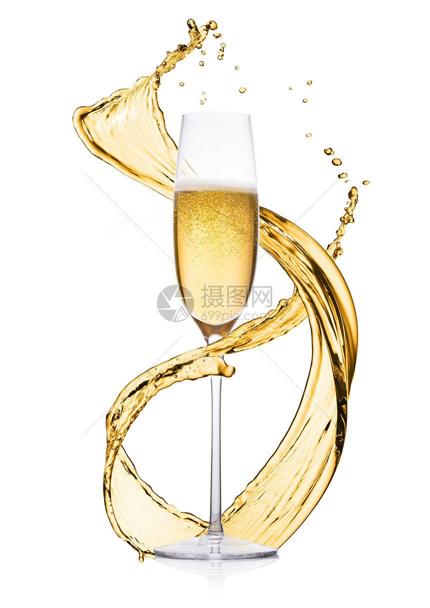 黄色香槟白背景上喷发和泡图片