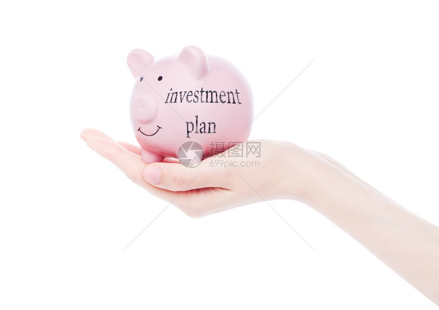 女手持有投资计划概念案文的猪银行图片