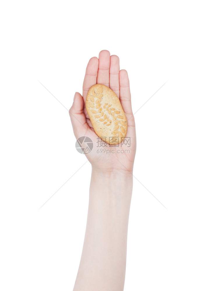 女手握着健康的早餐饼干在白色背景上图片