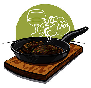 小牛肉牛排煎锅上热牛排插画