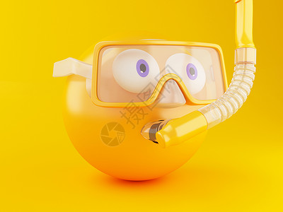 卡通潜水3d插图带有潜水的emoji潜水面具和层社交媒体和夏季概念背景