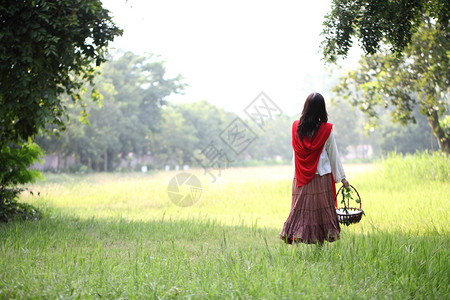 女孩提着花篮在草丛的背影图片