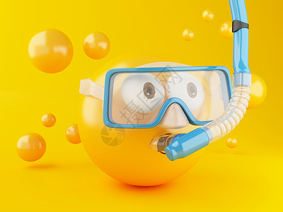 3d插图带有潜水的emoji潜水面具和层社交媒体和夏季概念背景图片