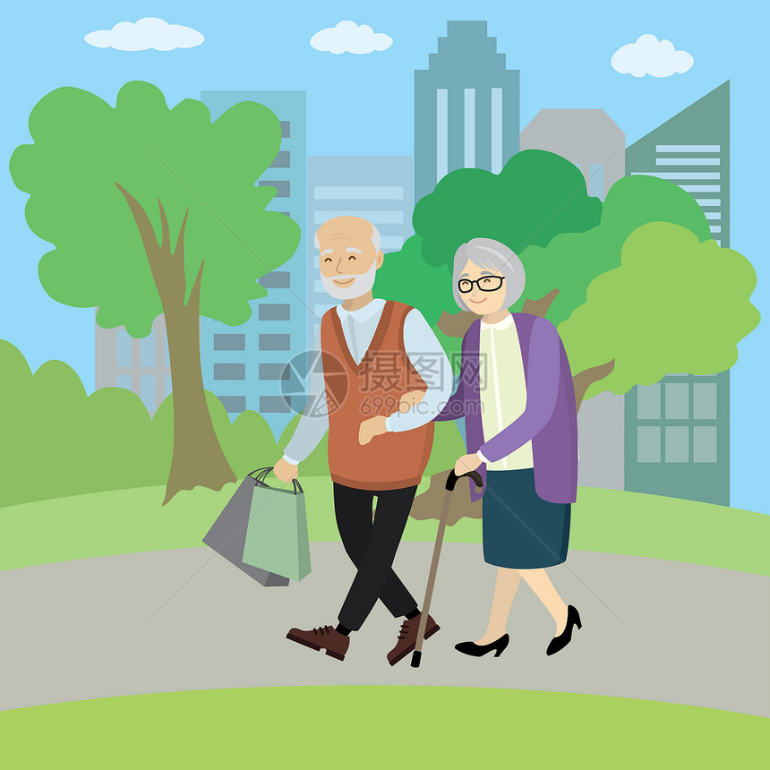 快乐的老夫妇在公园行走卡通矢量插图图片