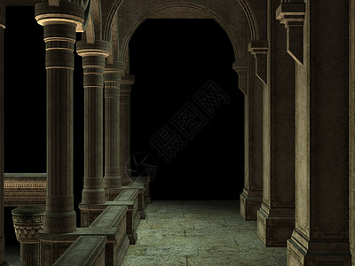 有柱子和拱门的走廊古老内部3d提供插图图片